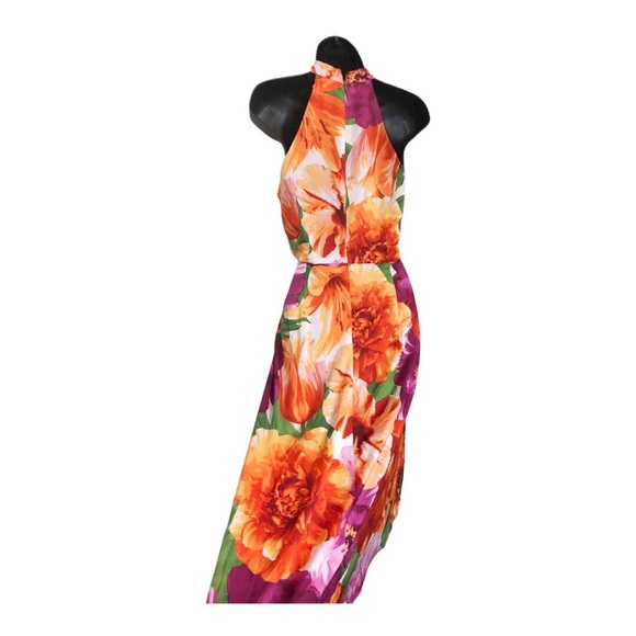 Maggy London pink tropical floral print asymmetrical flowy halter dress size 6 - Picture 8 of 16